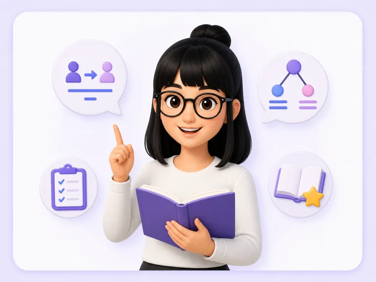 Flua segurando um livro e orientando estudos de inglês